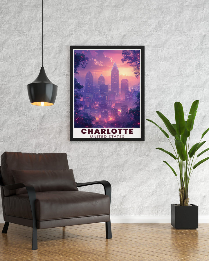 This travel print of Charlotte showcases the citys vibrant skyline, with the Bank of America Corporate Center at its center. Perfect for home decor or as a unique gift, this wall poster brings the energy and modern elegance of Charlottes architecture into your living space. Its striking details make it a must have for urban enthusiasts.