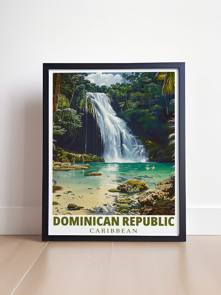 Vintage print of El Limon Waterfall showcasing the lush surroundings and cascading waters ideal for adding a touch of Caribbean elegance to any space
