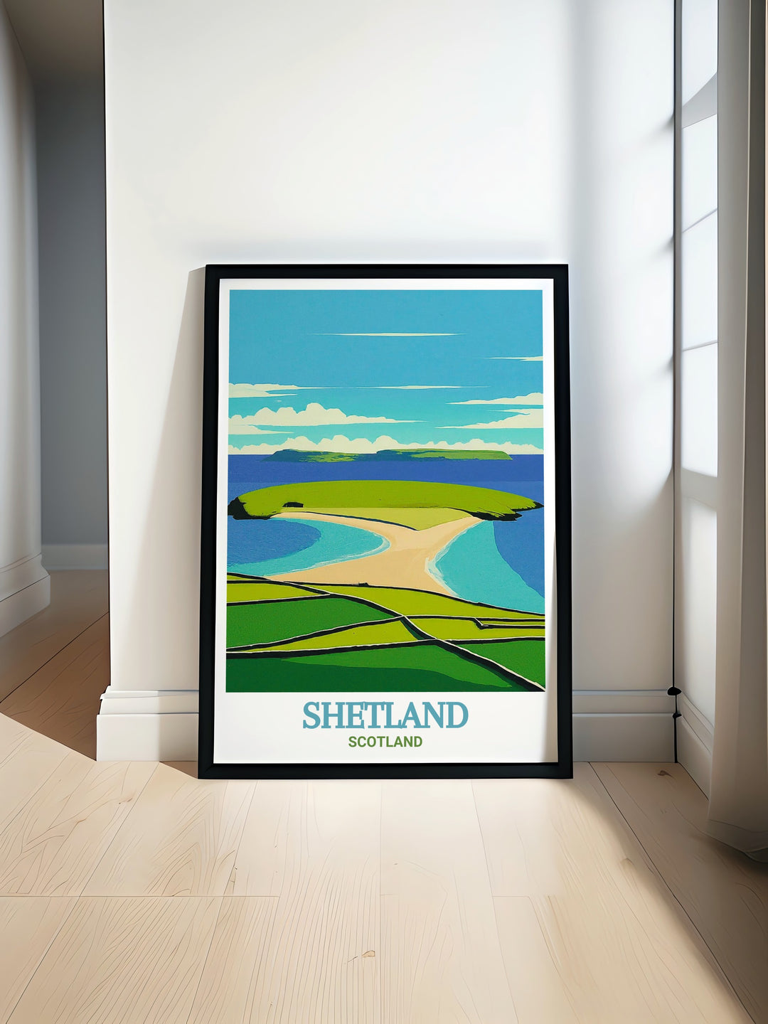 Travel Print of St Ninians Isle in Shetland, Scotland, capturing the wild beauty and serene atmosphere of this remote Scottish island. This print is perfect for any collection of travel art or Scottish decor, offering a stunning portrayal of one of Scotlands most unique natural features.