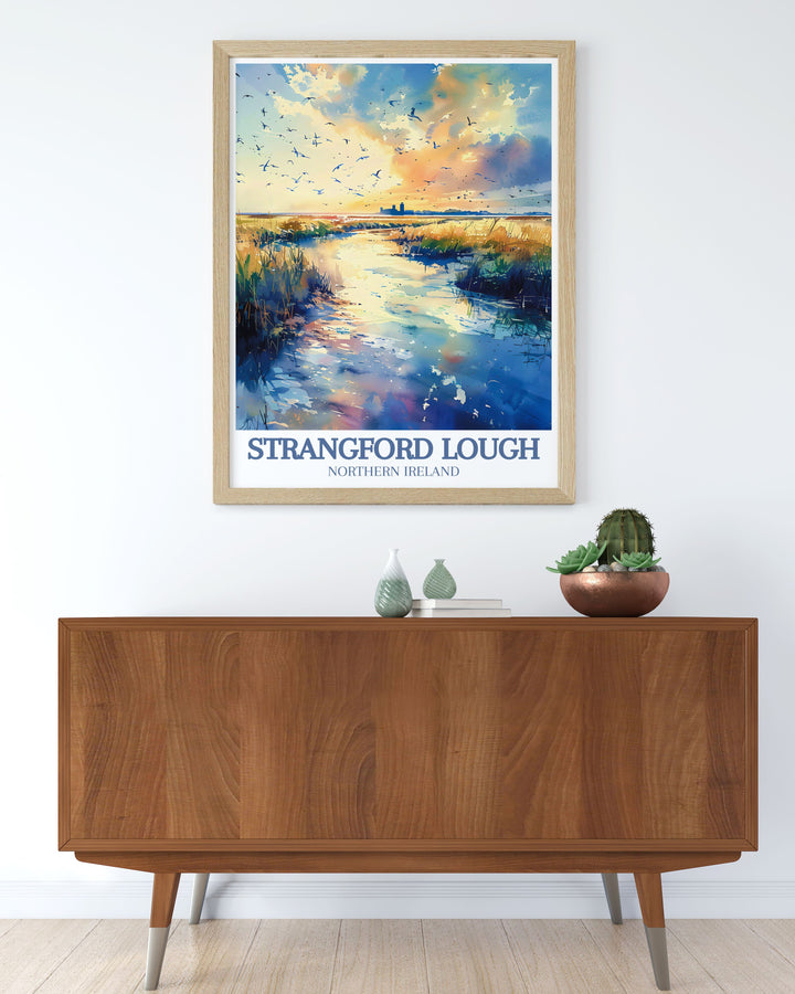 Vintage travel print of Castle Ward Strangford Lough Marine Nature Reserve and Lecale Coast AONB offers a beautiful glimpse into Northern Irelands picturesque scenery perfect for any room