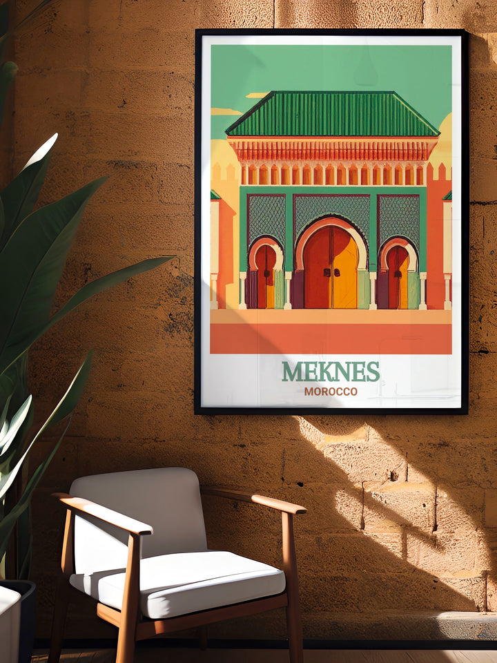 Royal Palace modern print brings the historic charm of Meknes to your walls this Morocco travel art piece is ideal for enhancing any room decor with its vibrant colors and intricate details perfect for those who appreciate the rich cultural heritage of Moroccan landmarks