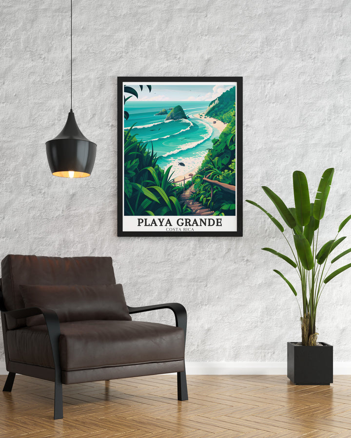 Bring a piece of Costa Rica into your home with this Playa Grande art print. Featuring the calm beaches of Playa Nancite and the lush greenery of Santa Rosa National Park, this travel poster is ideal for lovers of tropical landscapes and coastal escapes.