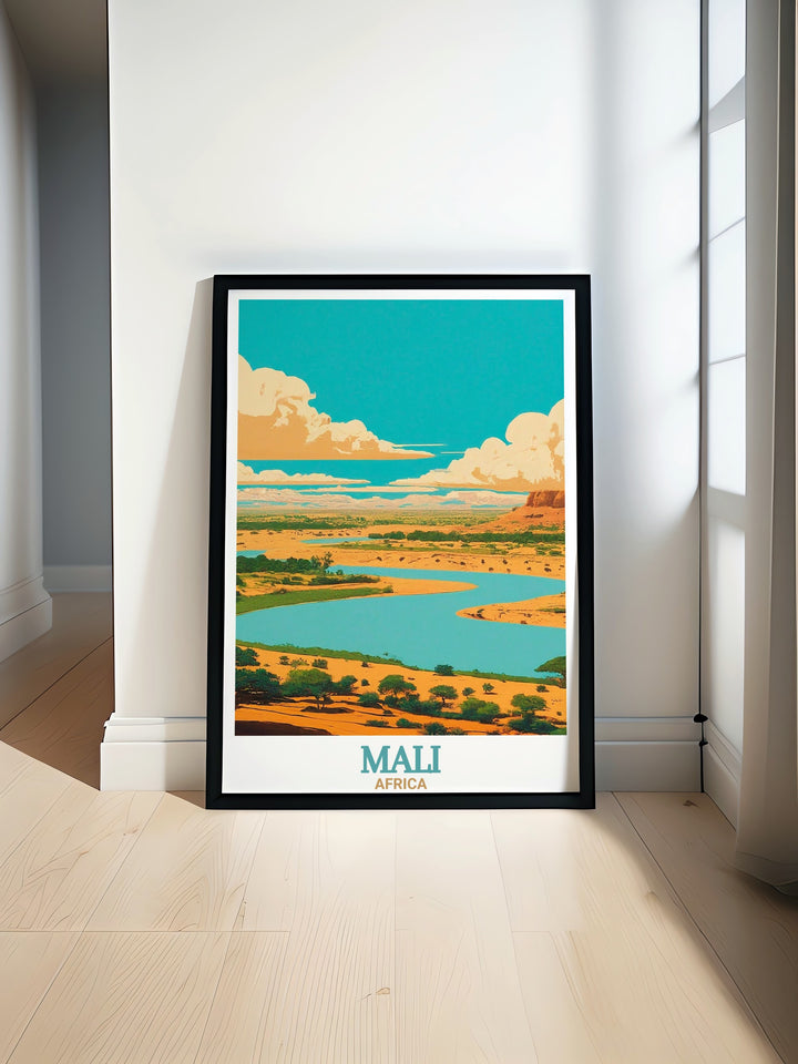 A beautiful depiction of the Niger River, this canvas art from Mali is a perfect addition for those who admire Africas landscapes. The poster highlights the rivers importance to the regions history and culture, ideal for anyone looking to bring African art into their space.