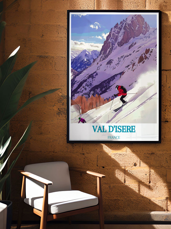 Celebrate the beauty and thrill of skiing in Val dIsere with this captivating travel poster, featuring La Face de Bellevarde.