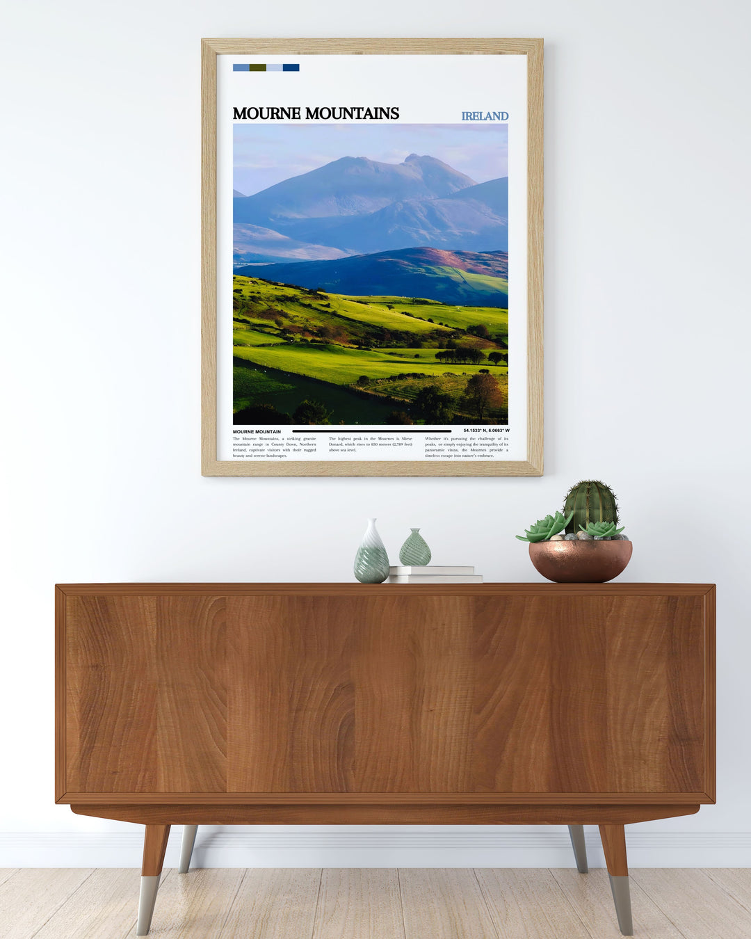 This framed print of the Mourne Mountains brings the picturesque views of the Irish countryside into your home capturing the essence of the National Park and the charm of Northern Irelands most iconic landscapes.