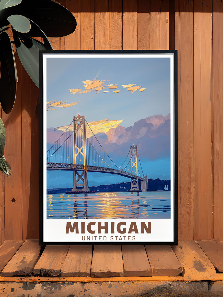 Add a touch of Michigans charm to your home with this travel print featuring the Mackinac Bridge and Leelanau. The vibrant, retro design brings Michigans scenic beauty to life, making it an ideal choice for guest spaces, Airbnbs, or as a thoughtful gift for Michigan lovers.