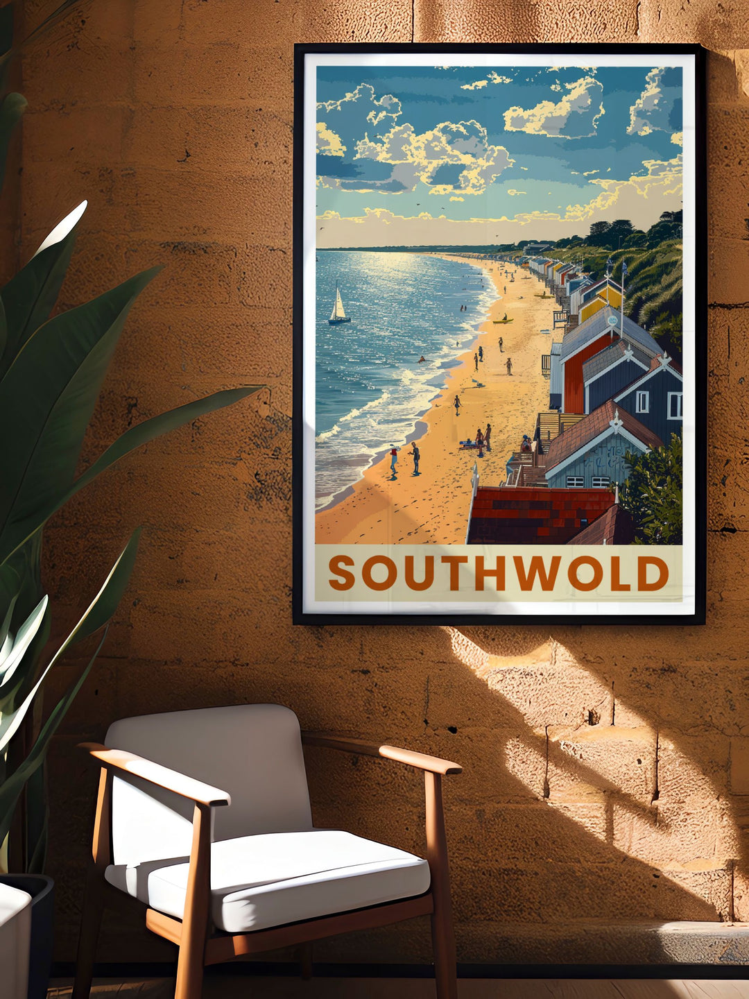 Southwold Beach Huts and Seaside Poster capturing the vibrant colors and tranquil beauty of Southwolds coastline a must have vintage travel print for UK travel enthusiasts and art collectors