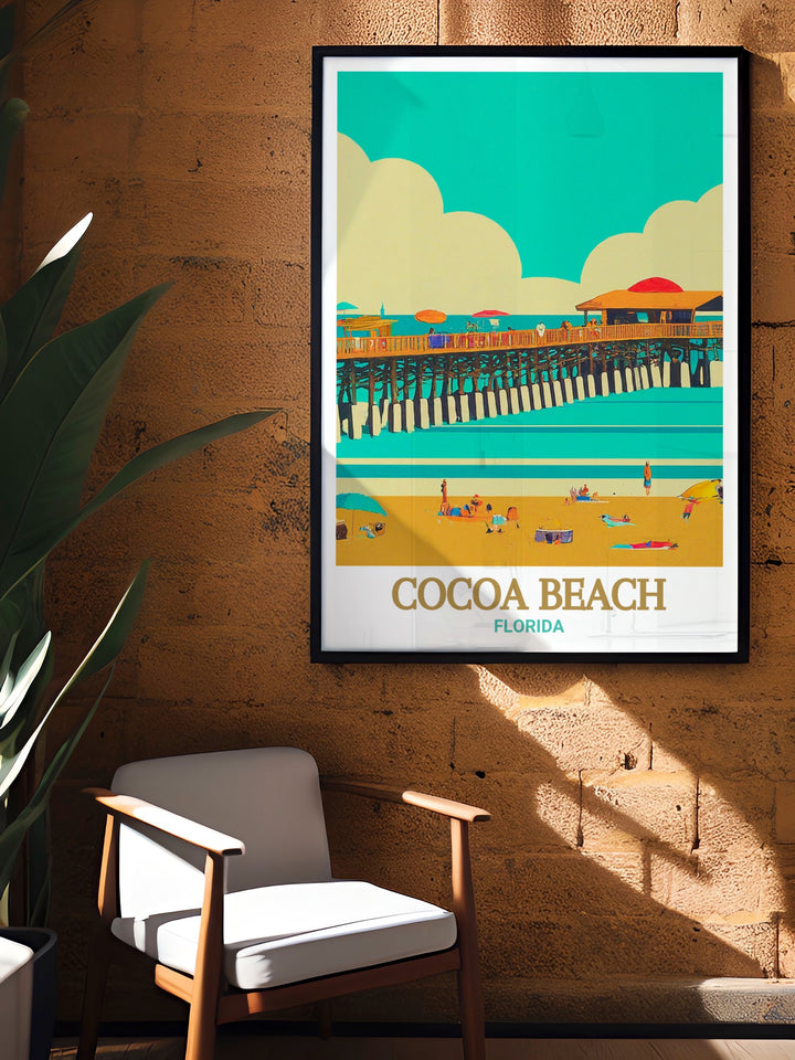 Scenic travel poster of Cocoa Beach, offering a detailed illustration of the pier and the expansive beach. This artwork is perfect for anyone who loves the outdoors and the serene beauty of Floridas coast.