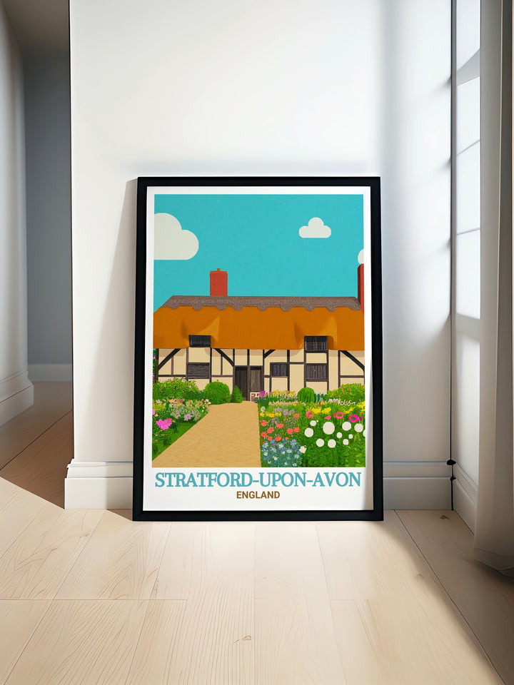 Discover the charm of Stratford upon Avon with our elegant wall art featuring Anne Hathaways Cottage perfect for enhancing any living room decor with timeless beauty and rich history.