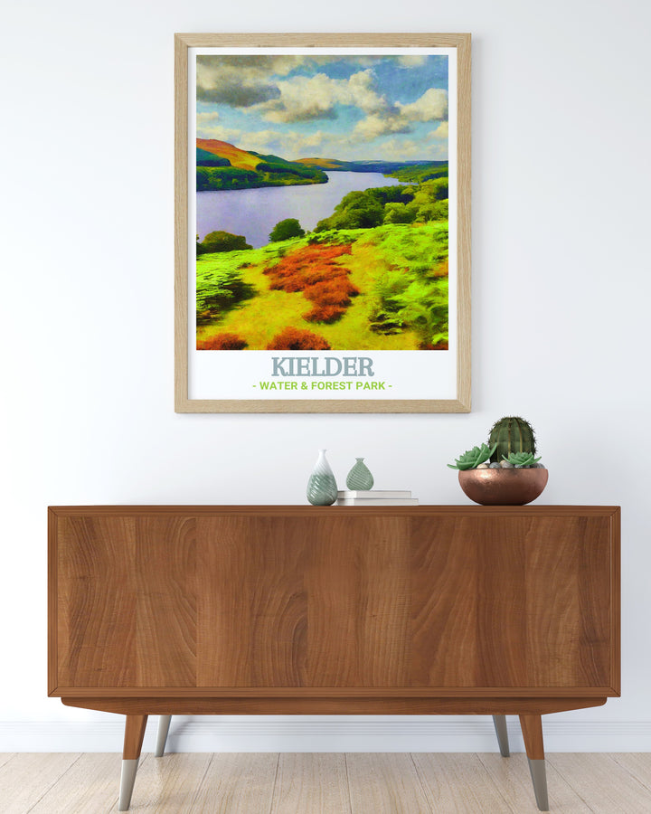 Scenic Kielder Water poster from Northumberland, highlighting the breathtaking landscape of Kielder Water & Forest Park. This exquisite artwork brings the serene beauty of Kielder Water into your living space. Perfect for nature lovers and art enthusiasts who appreciate tranquil and picturesque views.