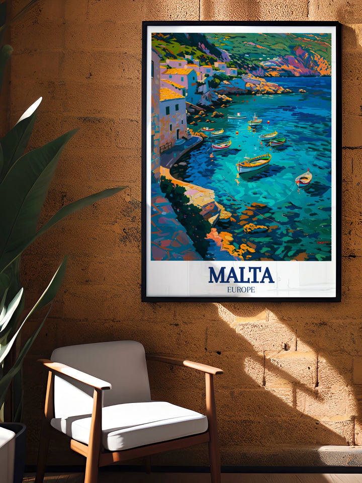 Stunning Malta wall art capturing the Mediterranean Sea and Maltese Coast offering perfect wall decor and elegant home decor for your living space bring the charm of Malta into your home with this exquisite Malta art print