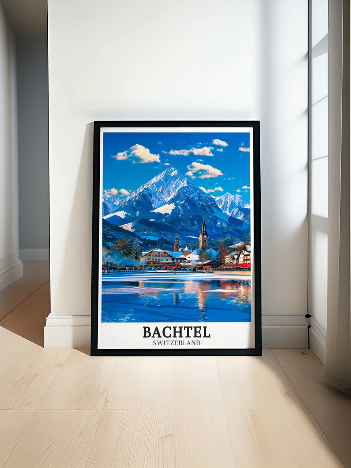 Vivid art print of Bachtel in Zurich Oberland, capturing the tranquil beauty and charm of this Swiss town. Ideal for enhancing your home decor with a touch of Swiss elegance. Perfect gift for any occasion, adding timeless beauty to any space.