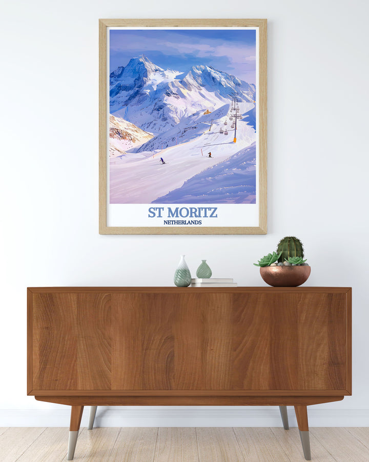 Experience the dynamic culture and scenic beauty of St Moritz through this detailed poster, highlighting the thrill of Corviglias slopes and the elegance of this alpine town.