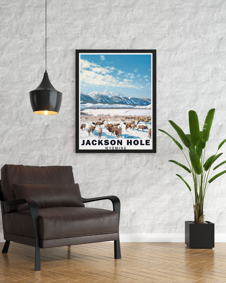 Featuring the tranquil valleys of Jackson Hole and the wildlife rich National Elk Refuge, this poster adds a touch of Wyomings natural splendor to any space.