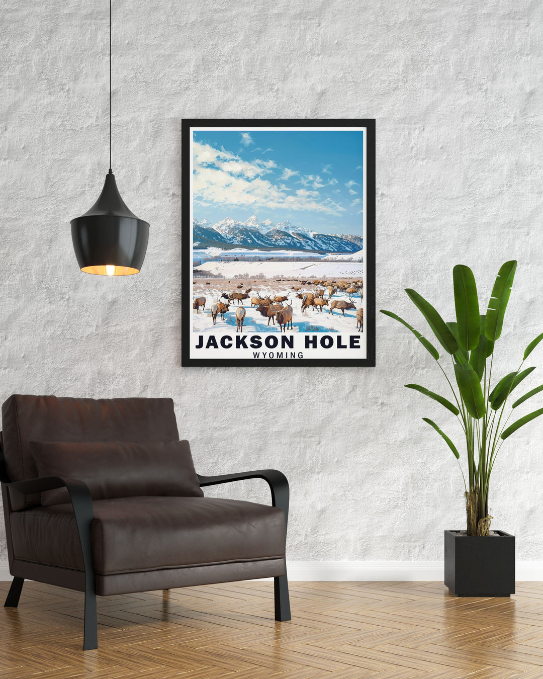 Featuring Jackson Holes iconic skiing scenes and the serene landscapes of the National Elk Refuge, this travel print celebrates Wyomings diverse beauty. Ideal for outdoor enthusiasts, this art print makes a bold statement in any home or office space.