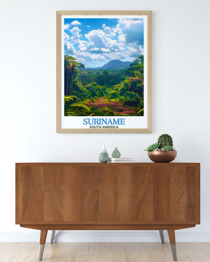 Suriname Poster featuring a detailed depiction of Paramaribo and the lush landscapes of Central Suriname Nature Reserve. High quality travel poster print perfect for any living space.