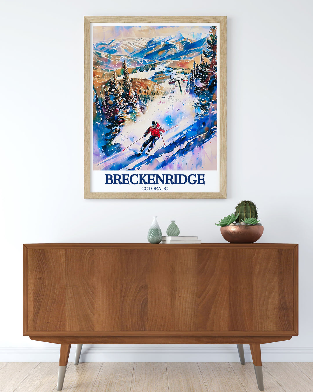 This Breckenridge poster print features the snow covered slopes of Peak 8, highlighting the iconic Breckenridge Ski Resort. Perfect for ski lovers and winter sports enthusiasts, this travel print brings the adventure of Colorados famous ski town into your home decor.