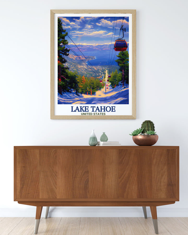 Heavenly Mountain Resort Vintage Poster features the natural charm of the resorts slopes alongside the vibrant waters of Lake Tahoe. This travel print adds a classic touch to any home, perfect for outdoor enthusiasts and those who love Californias scenic mountain views.