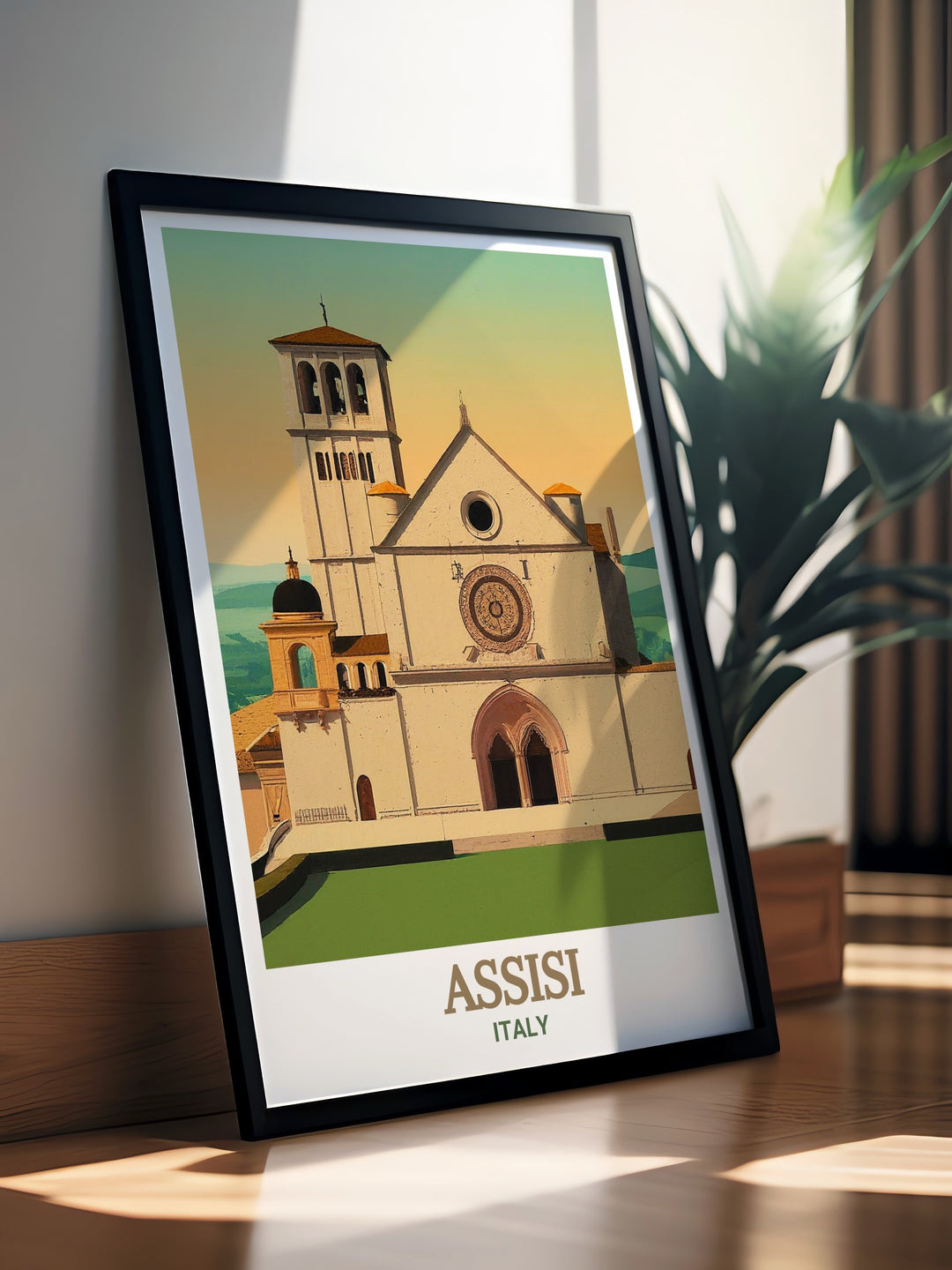 Assisi travel decor featuring a detailed print of the Basilica of Saint Francis of Assisi in Italy. This Italy wall art captures the essence of Assisis spiritual aura and architectural splendor, making it a perfect addition to any room or a thoughtful gift for Italy enthusiasts