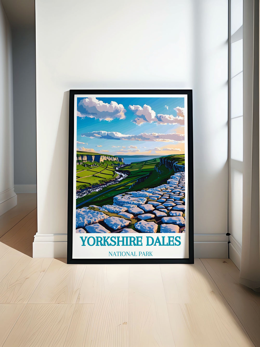 Discover the breathtaking beauty of Yorkshire Dales with this travel poster featuring Malham Cove Ribblehead Viaduct and the iconic Flying Scotsman perfect for adding a touch of nature and history to your living room or office décor with stunning prints and framed art.