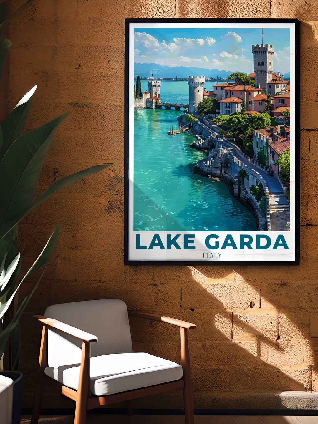 This Italy wall art of Lake Garda and Sirmione combines modern design with timeless Italian beauty. Add this stunning travel poster to your collection to elevate your home décor.