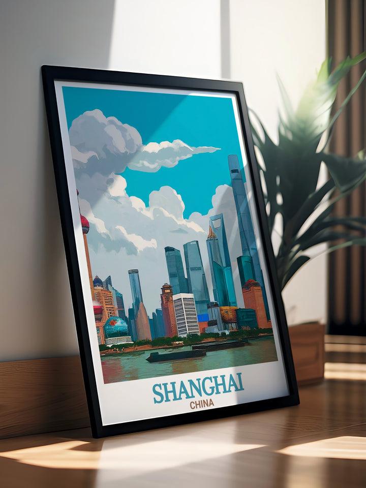 This Shanghai poster print captures the historical beauty of The Bund alongside the modern skyline of Chinas most vibrant city. Perfect for travel lovers and art enthusiasts, this detailed artwork brings the spirit of Shanghai to life, making it an ideal wall decoration for homes or offices.