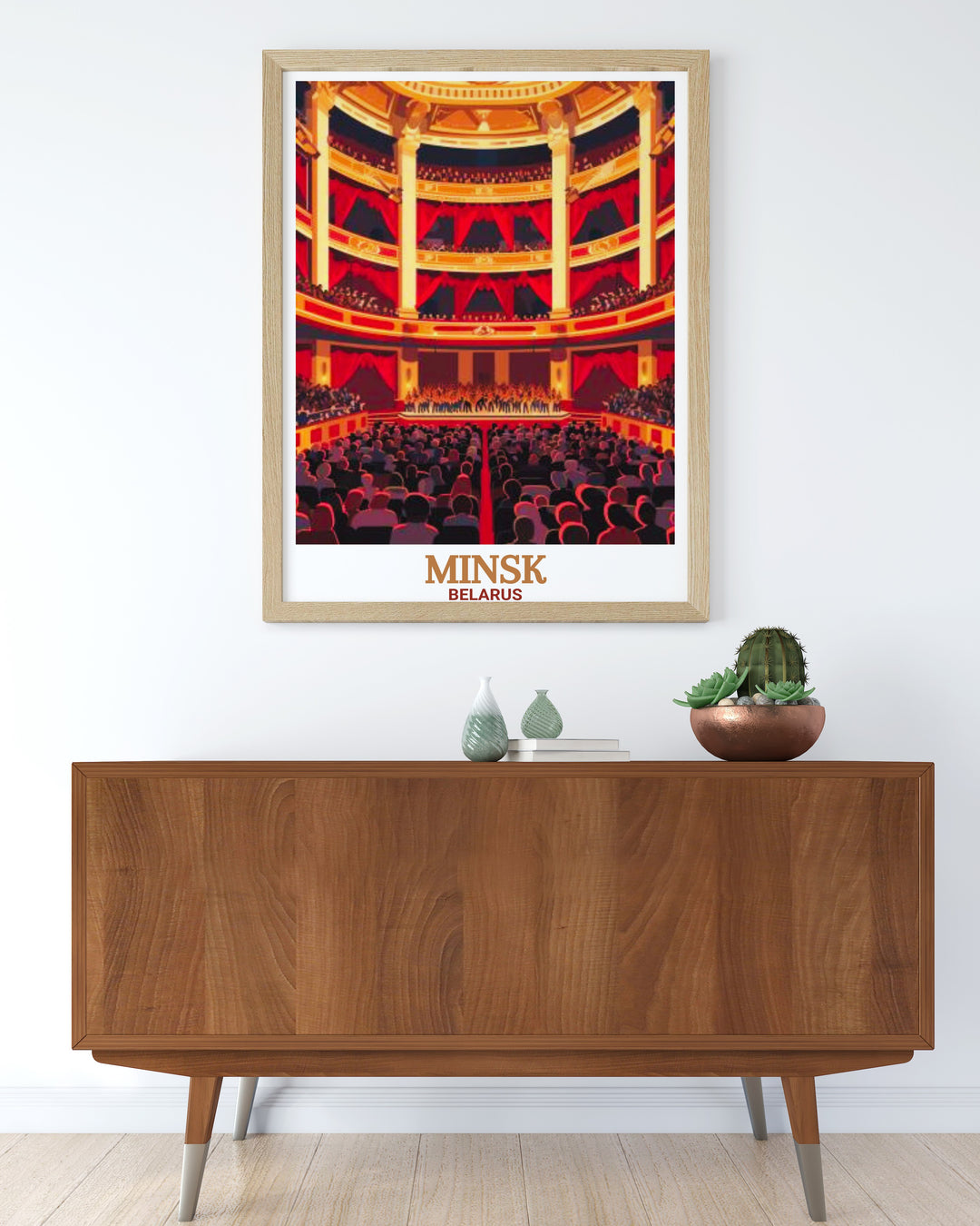 Bring a touch of Minsk into your home with this travel poster featuring the National Opera and Ballet Theatre. The bold design and vintage aesthetic make this Belarus wall art an elegant choice for decorating your living room, office, or guest space.