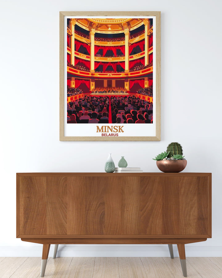 Bring a touch of Minsk into your home with this travel poster featuring the National Opera and Ballet Theatre. The bold design and vintage aesthetic make this Belarus wall art an elegant choice for decorating your living room, office, or guest space.