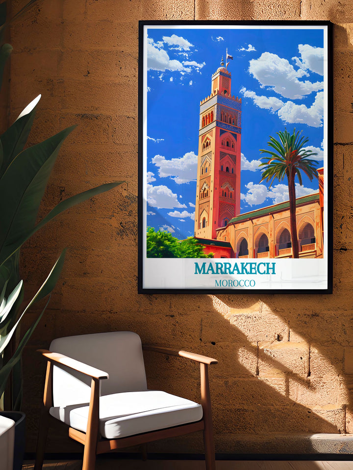 Highlighting the vibrant life of Marrakech and the tranquil beauty of Moroccos beaches, this poster offers a stunning visual representation of the countrys diverse offerings, perfect for your wall decor.