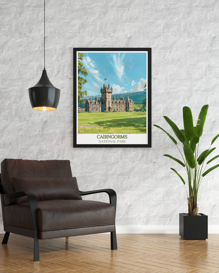 Balmoral Castle poster showcasing the majestic architecture set against the Cairngorms. This national park print is perfect for home decor, offering a unique blend of natural beauty and royal heritage.