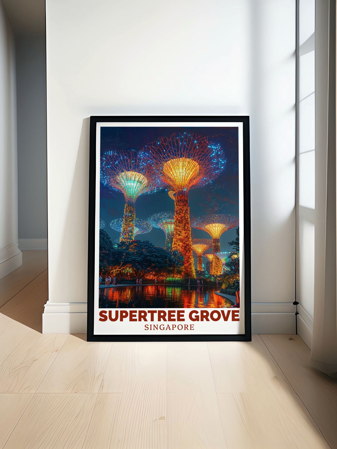 Nighttime view of Supertree Grove in Singapore with vibrant colors illuminating the sky. This stunning art print adds a modern touch to your home decor and makes a perfect gift for lovers of Singapore art and travel.