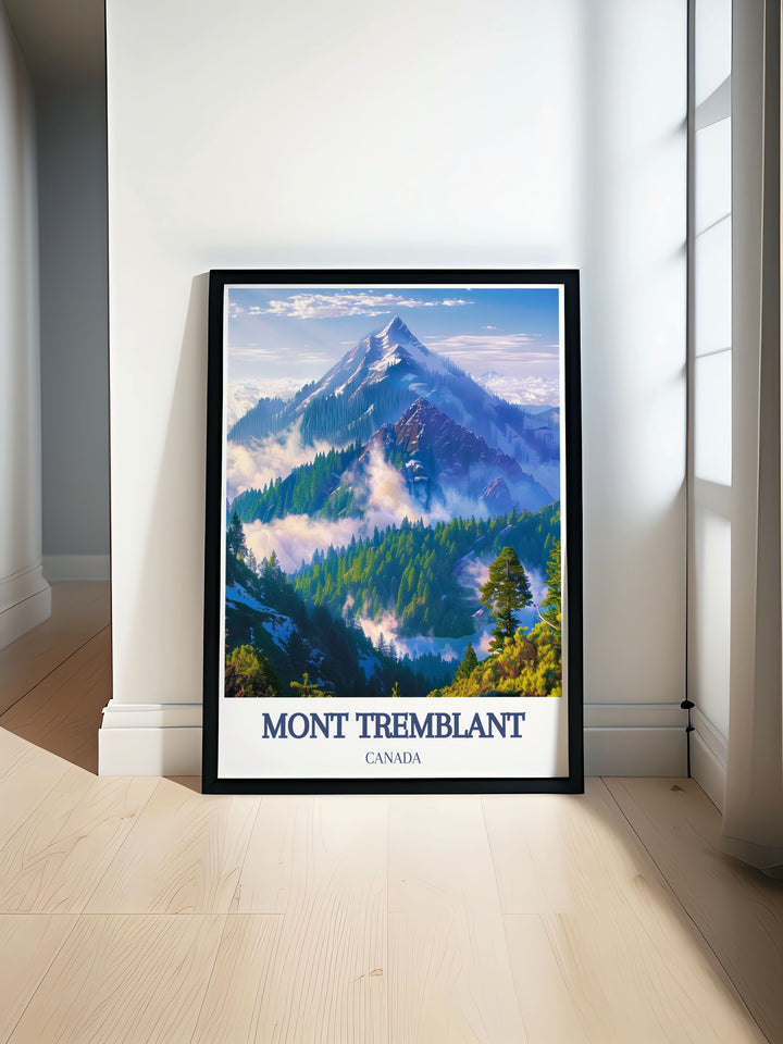 Mont Tremblant Print featuring the stunning Laurentian Mountains in vibrant colors perfect for home decor and ski enthusiasts showcasing the beauty of Quebec Ski Resort and the serene snow covered slopes in this captivating Canadian Ski Print for your wall art collection.