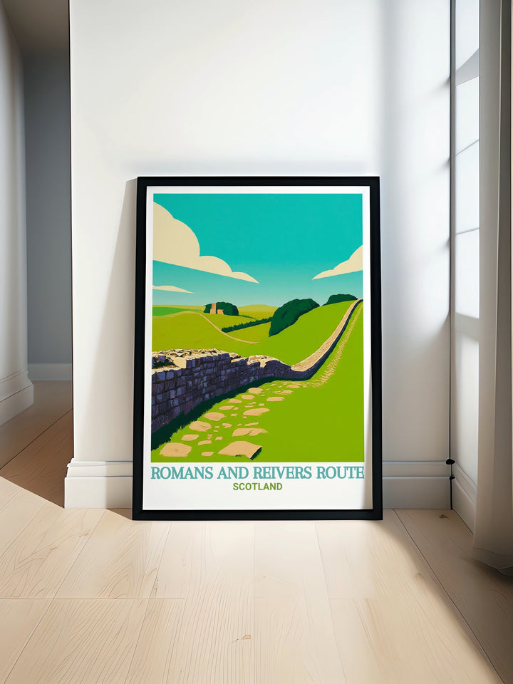 Romans and Reivers Route poster print highlighting Hadrians Wall and the scenic Scottish Borders featuring Dumfries Galloway and the Forest of Ae a perfect gift for Scottish hiking lovers and travel art enthusiasts seeking unique decor.