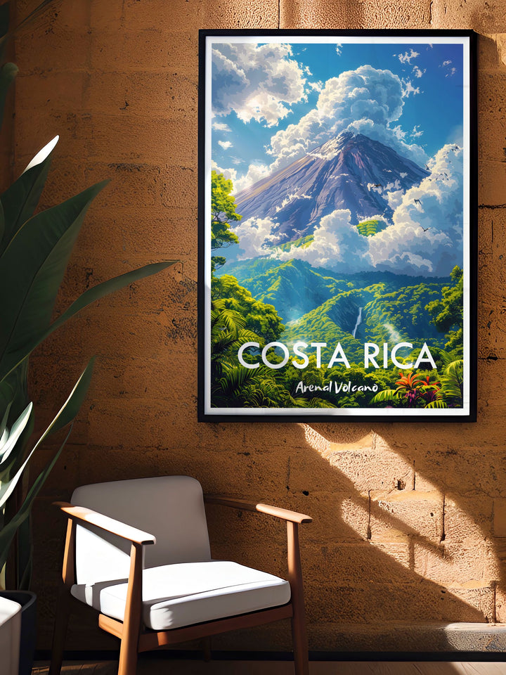 Bring the excitement of Costa Ricas Arenal Volcano into your home with this captivating art print. Showcasing the iconic volcano and the vibrant surrounding flora, this poster is perfect for nature lovers and adventurers. Add a touch of exotic beauty to your wall decor with this detailed print.