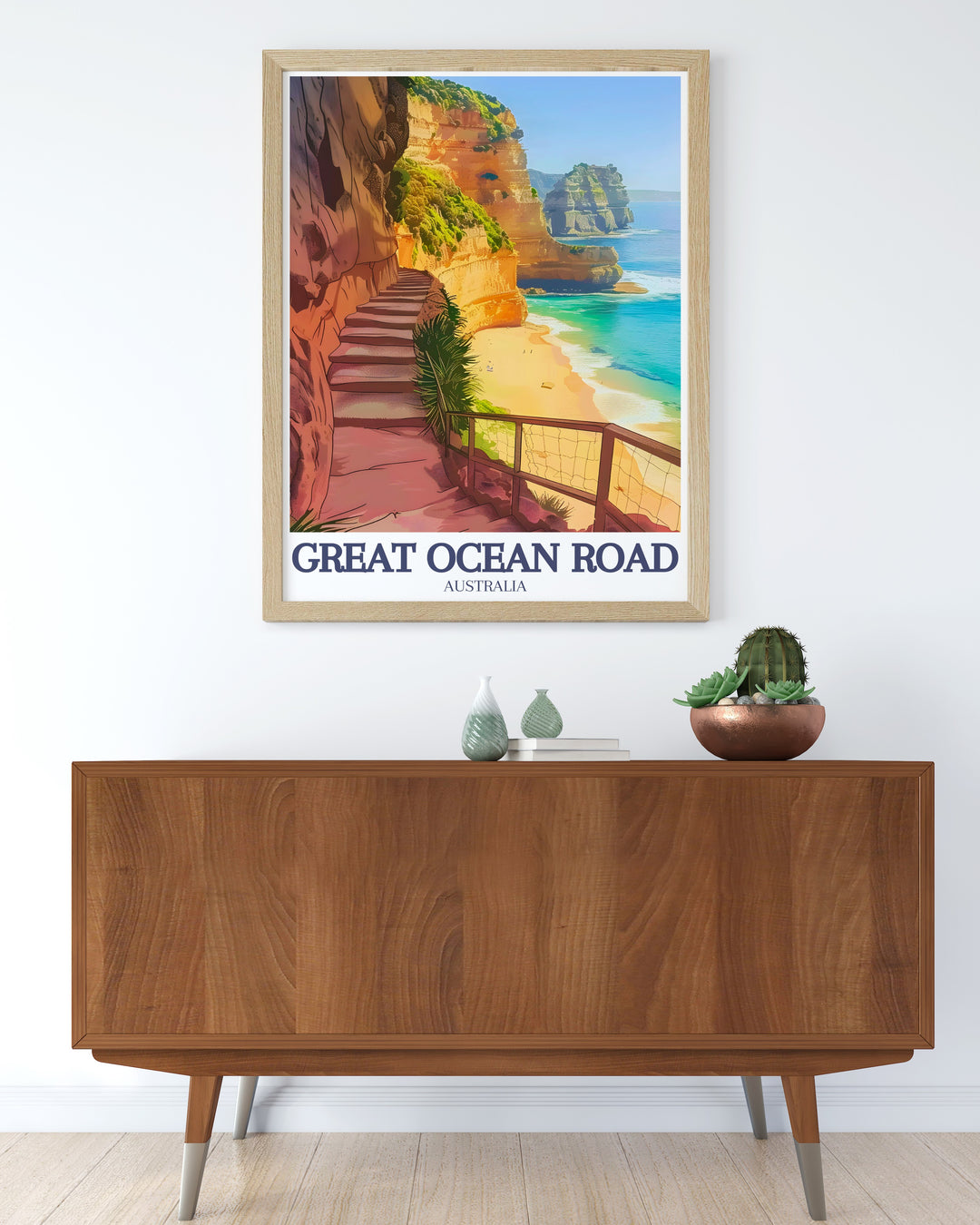 Experience the allure of Australias Great Ocean Road with this framed art print featuring the Twelve Apostles and Gibson Steps. A perfect travel memento or gift, this print captures the essence of one of the worlds most scenic drives.