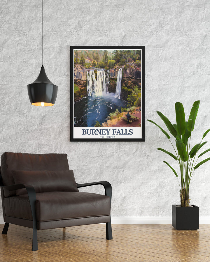 This Burney Falls Artwork from McArthur Burney Falls Memorial State Park Pacific Crest Trail offers a breathtaking view of the waterfall a perfect piece of California decor for anyone looking to add a touch of nature to their home or a unique California travel gift.