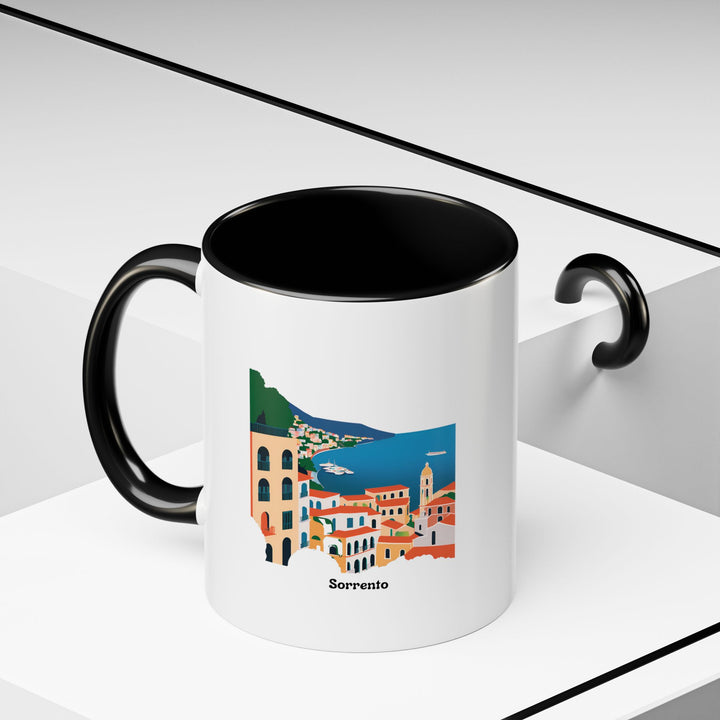 A stunning Sorrento Italy Mug capturing the Amalfi Coast's iconic beauty. Designed for daily use, it is dishwasher and microwave safe, with a colorful rim and handle. Perfect for coffee enthusiasts and Italy lovers.