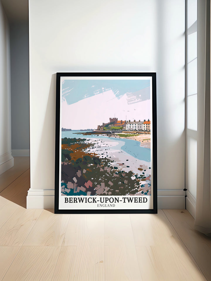 Northumberland canvas art featuring the scenic Cocklawburn Beach and the iconic architecture of Berwick upon Tweed. This detailed travel print brings the best of Englands coast and history to life in your home decor.