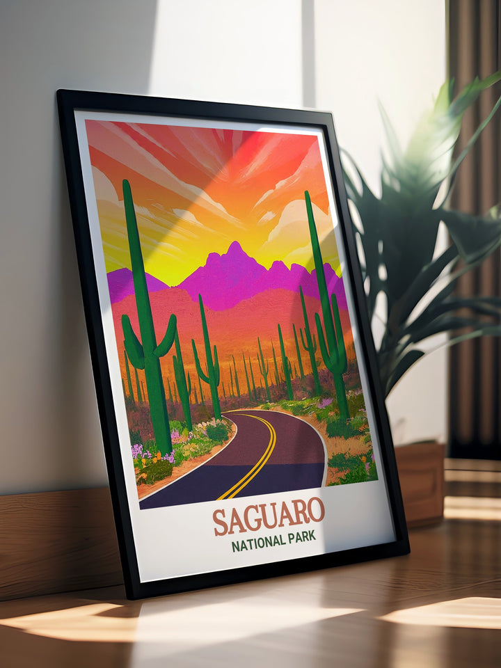 Add a touch of the American Southwest to your decor with this Arizona travel poster, showcasing the stunning landscape of Saguaro National Park and the captivating beauty of Cactus Forest Drive, a perfect gift for nature lovers.