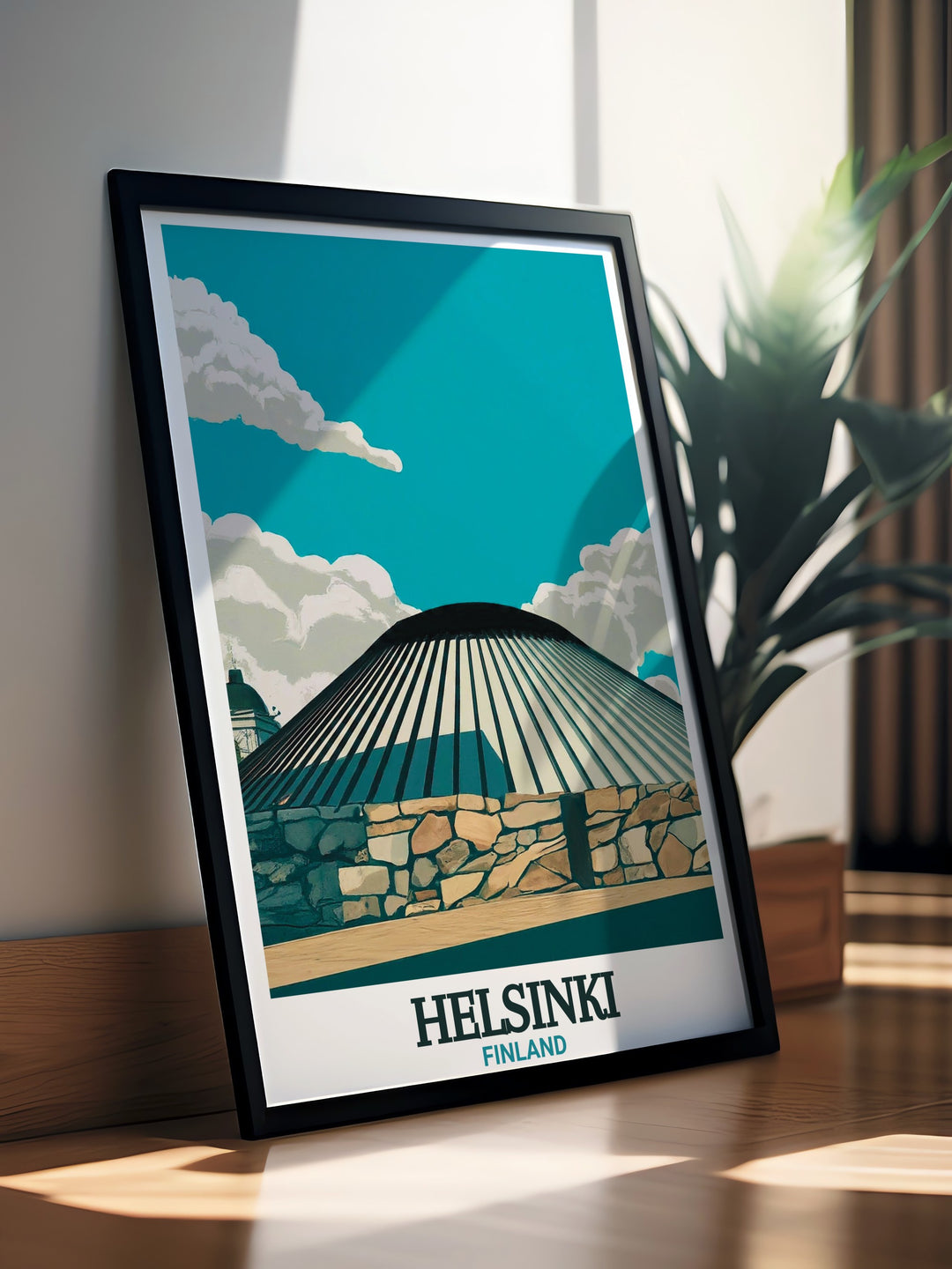 Our Temppeliaukio Church poster print captures the serene beauty of Helsinkis Rock Church, featuring its granite walls and copper dome. This Finland travel print is perfect for anyone interested in Scandinavian design or looking to add a piece of Finland to their décor.