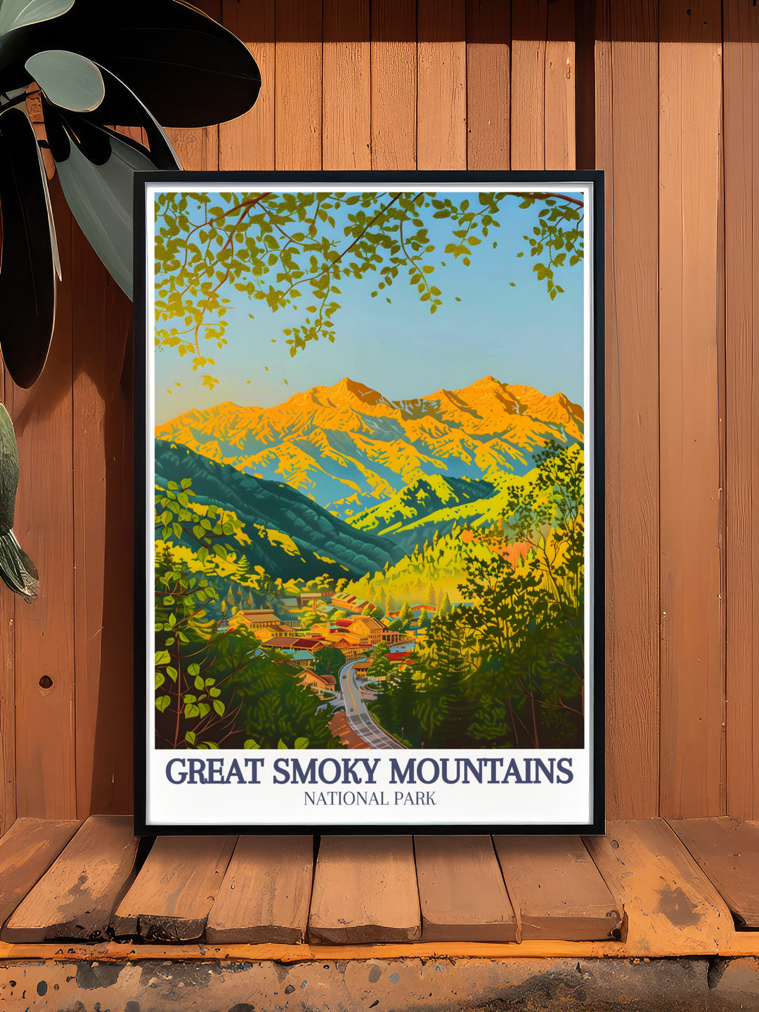 This travel print showcases the beauty of the Smoky Mountains, highlighting Newfound Gap Roads winding journey through lush forests and mountain peaks.