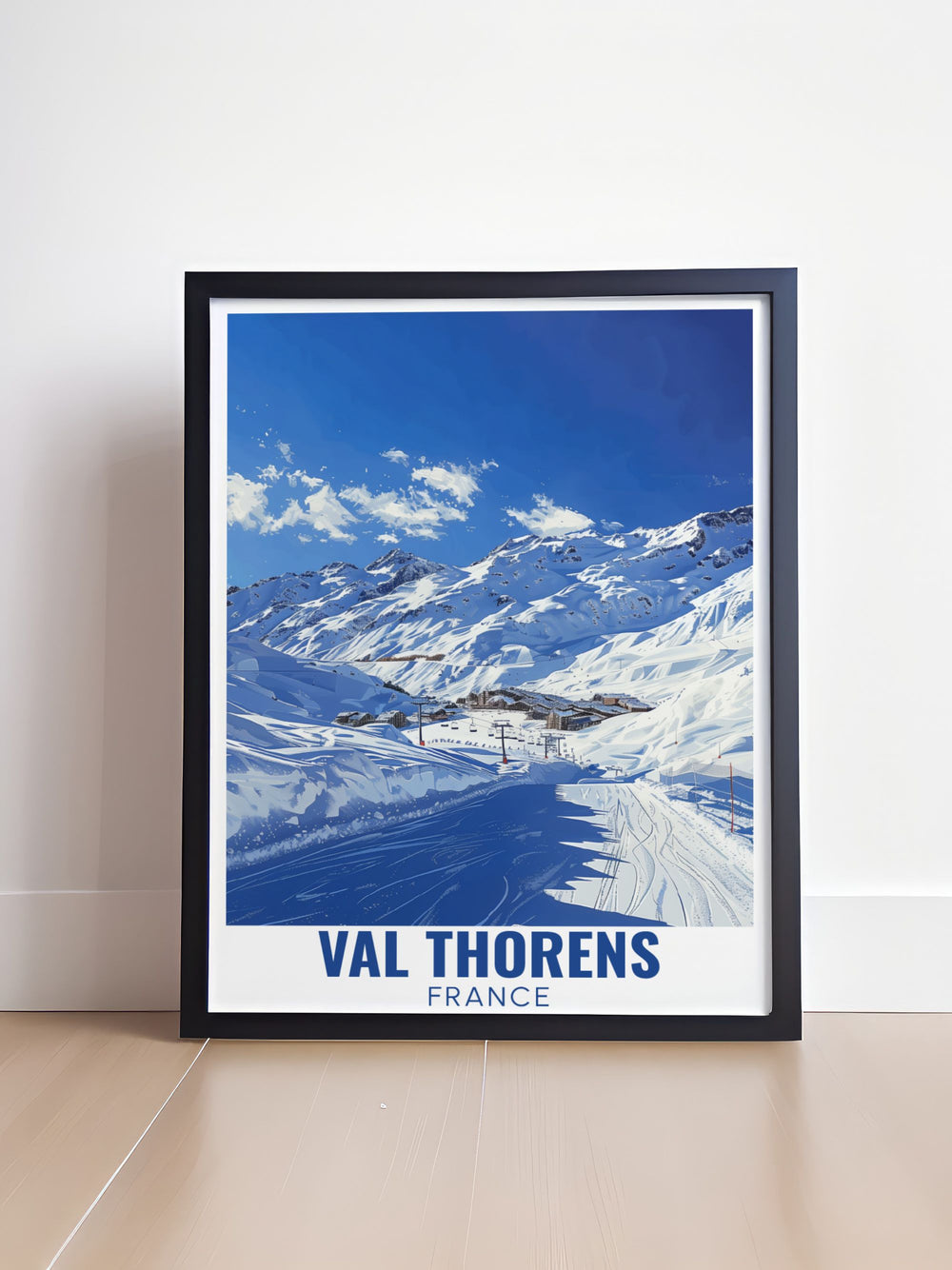 A stunning ski resort print of Val Thorens, showcasing the resorts renowned slopes. This French Alps travel poster brings the excitement of skiing to life, perfect for decorating your home or cabin with a touch of alpine magic.