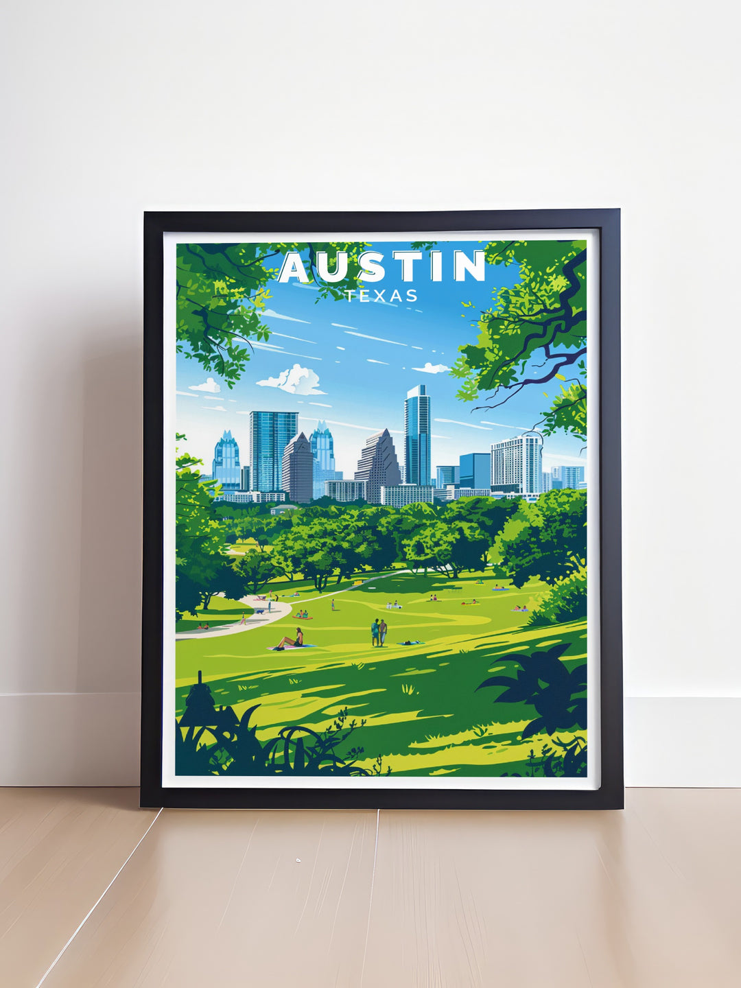 Austin City Limits inspired print paired with Zilker Park City view modern prints offering a blend of contemporary art and natural beauty for your decor