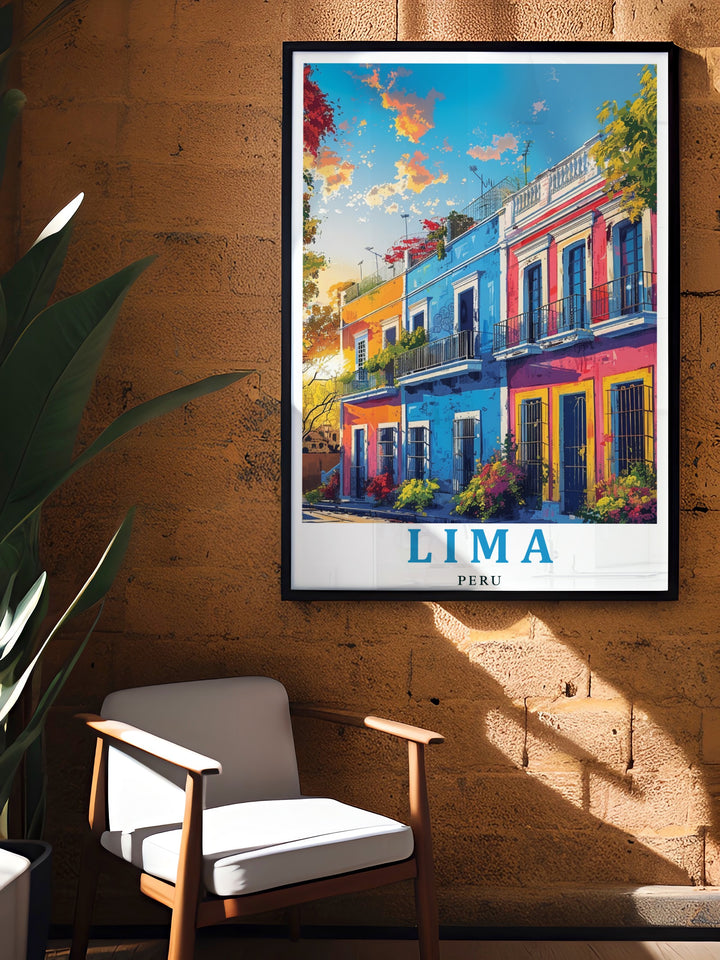 Featuring the Barranco District, this Lima travel print is a celebration of Perus capital city. Its vibrant design makes it a stunning addition to any home, ideal for those who love South American culture and travel inspired artwork.