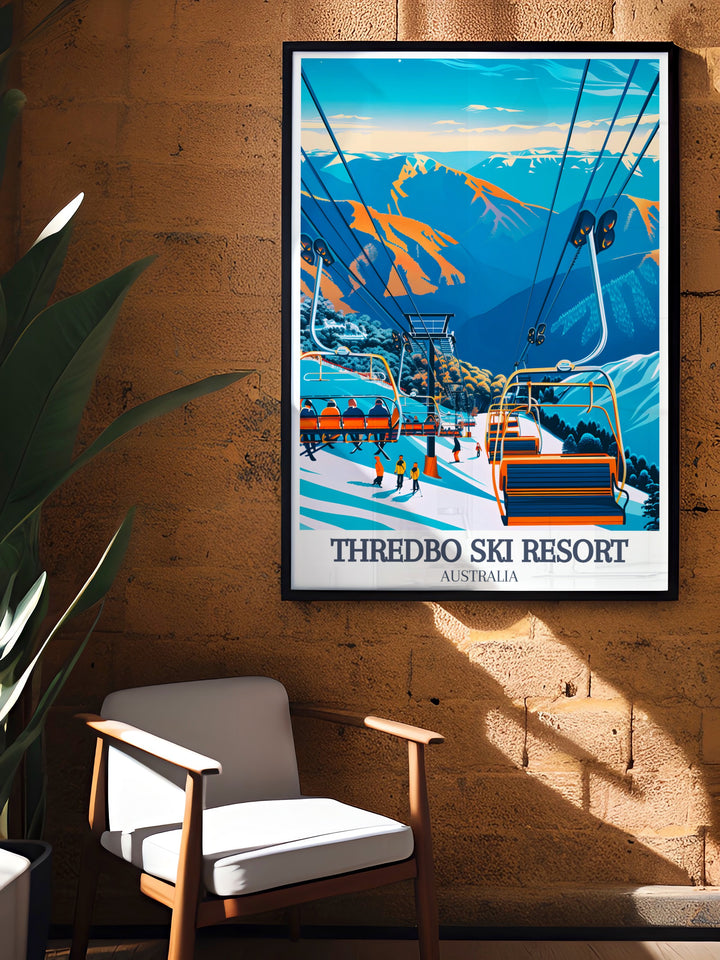 Featuring Thredbo Ski Resort, Thredbo Village, and the Kosciuszko Express Chairlift, this framed art print is ideal for lovers of winter sports. The artwork highlights the beauty of New South Wales snow covered peaks, making it a perfect gift for ski enthusiasts.