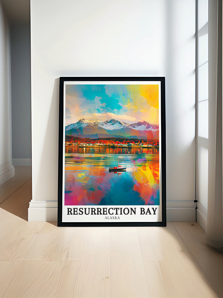 This travel poster features Alaskas iconic Resurrection Bay, Seward Town, and the Kenai Peninsula. The artwork captures the natural beauty of these landmarks with vivid colors and intricate detail, making it a perfect addition to your home or office decor.