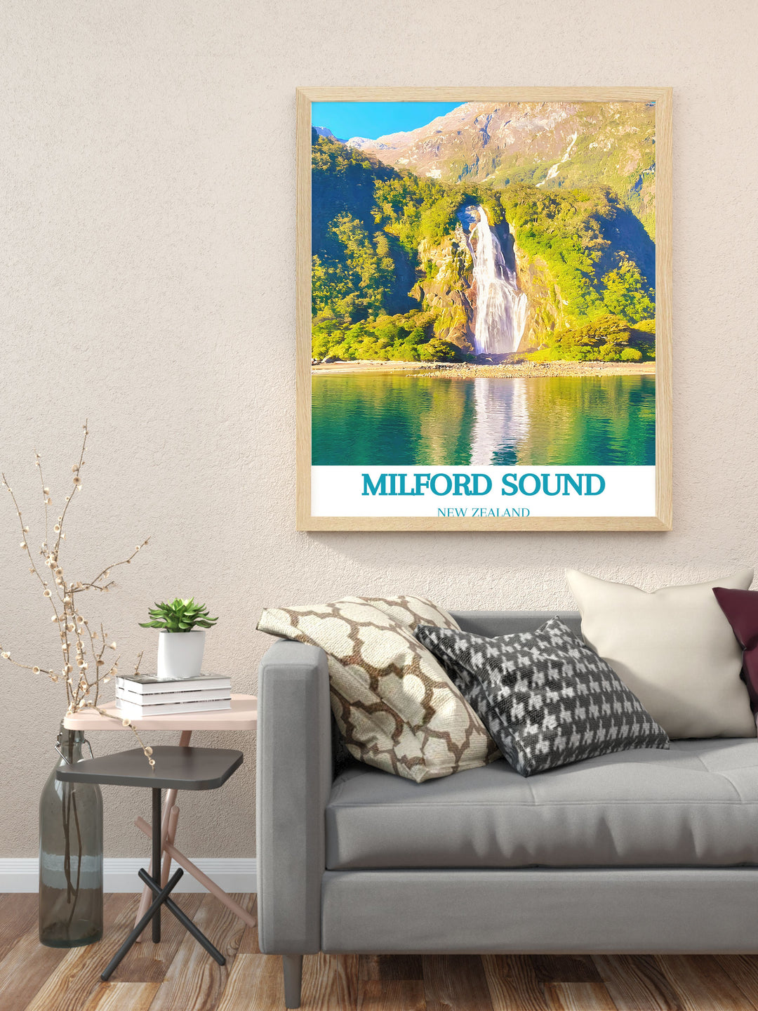 Fiordland poster featuring the impressive Bowen Falls in Milford Sound, showcasing the dramatic beauty of New Zealands landscape. A perfect addition to any nature themed art collection.