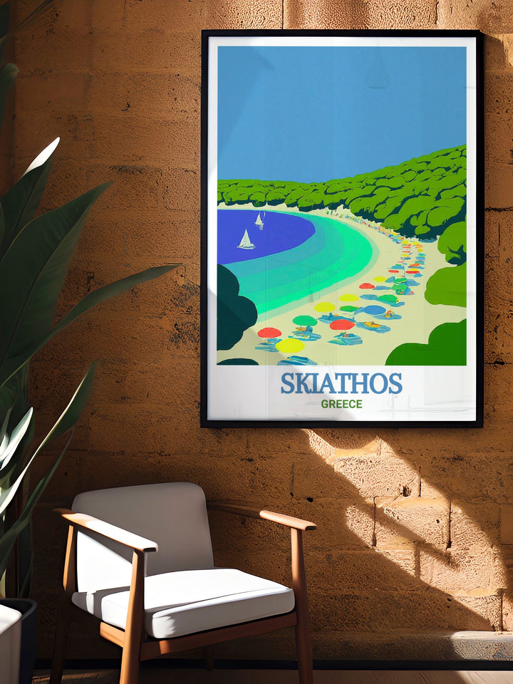 Koukounaries Beach poster showcasing the stunning scenery of Skiathos Island. This high quality print features the golden sands and clear waters, perfect for any beach lover. Enhance your home decor with this beautiful artwork from Greeces iconic island.