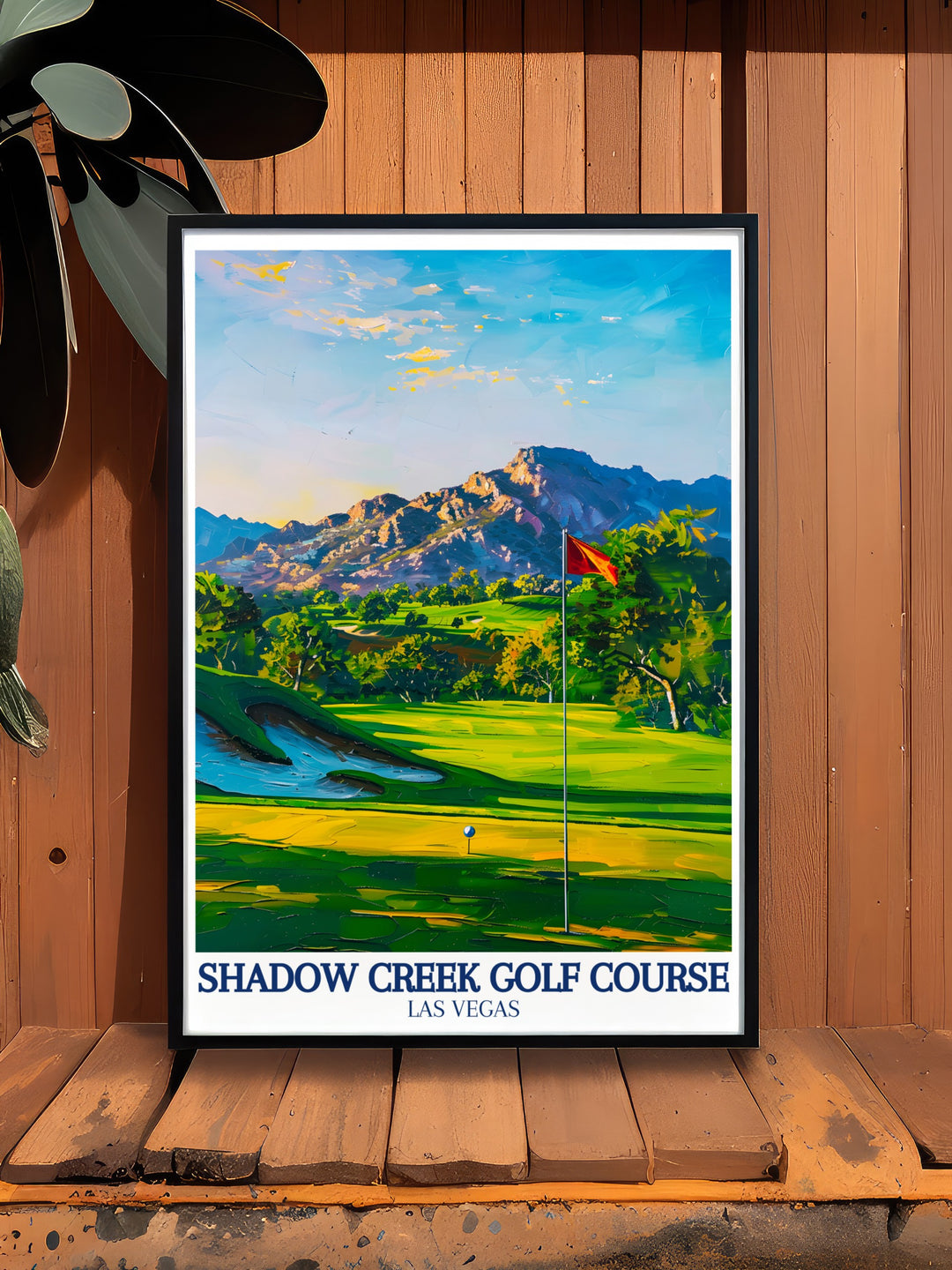 This detailed art print features the stunning Shadow Creek Golf Course surrounded by the stark beauty of the Nevada desert. The view includes Clark Countys iconic landscapes, making this travel print an ideal addition for any golfers home or office decor.