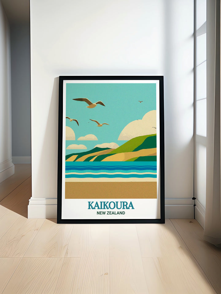 This artwork captures the tranquil and picturesque setting of Kaikoura Beach, showcasing the harmonious blend of land and sea that defines this New Zealand treasure. Perfect for adding a touch of natural beauty to your living space.